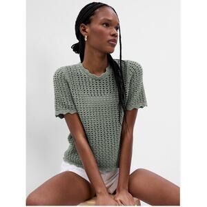 Gap Sweater Womens XXL Tall Sage Green Crochet Scalloped Trim Short Sleeves Boho